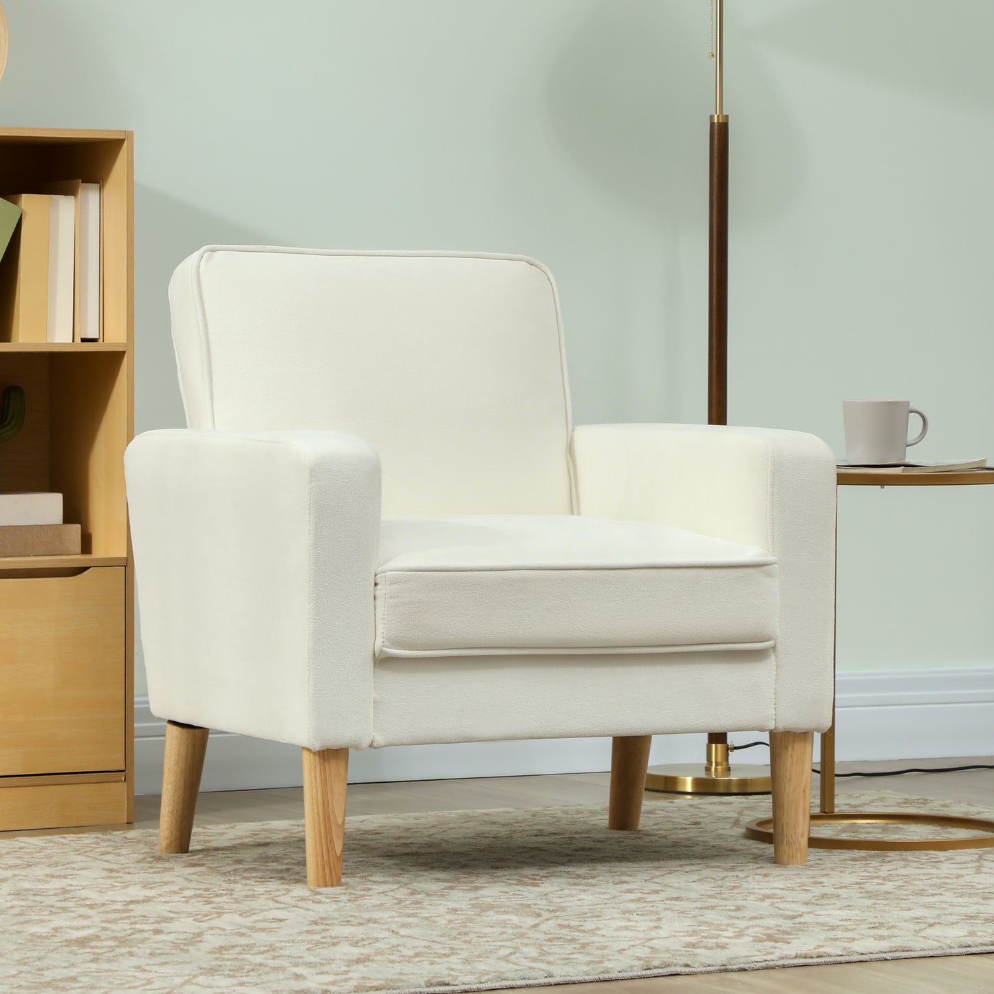 Fauteuil – Armstoel – Lounge Chair – Relaxstoel – Zitstoel – Crèmekleurige Bekleding – Verstelbare Rugleuning – Rubberwood Frame – Comfortabel & Duurzaam