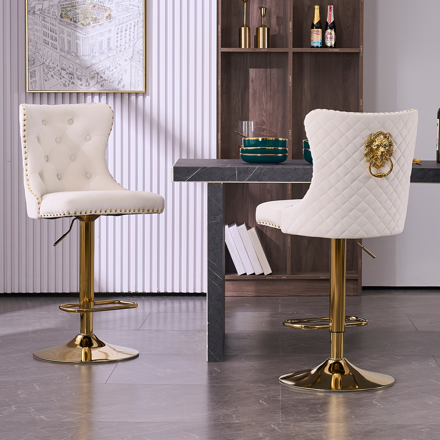 Barstoelen – Barkrukken – Krukken – Keukenstoelen – Hoge Stoelen – Set Van 2 – Draaibaar Met Verstelbare Zithoogte – Wit Fluweel Met Gouden Frame