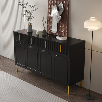 Dressoir – Opbergkast – Ladekast – Commode – TV-meubel – Mat Zwart Met Gouden Accenten – 4 Deuren En 4 Laden – Hardhout Met Afneembaar Laminaat – 140 cm Breed