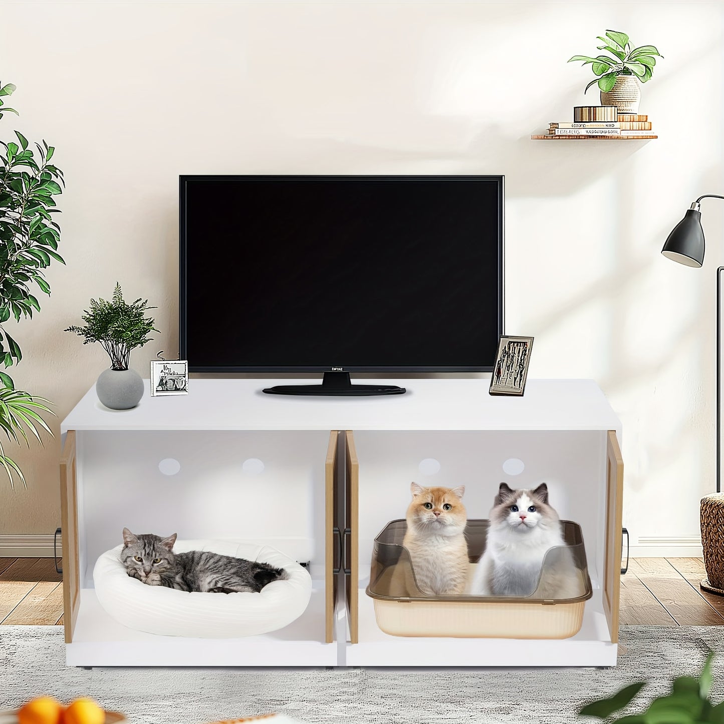 Kattenbakkast – Kattenbak Verstopplek – Kattenbak Meubel – Kattenhuis – Opslagkast – Wit – Voor Twee Katten – Duurzaam MDF – Ruim 120x50x61,5 cm