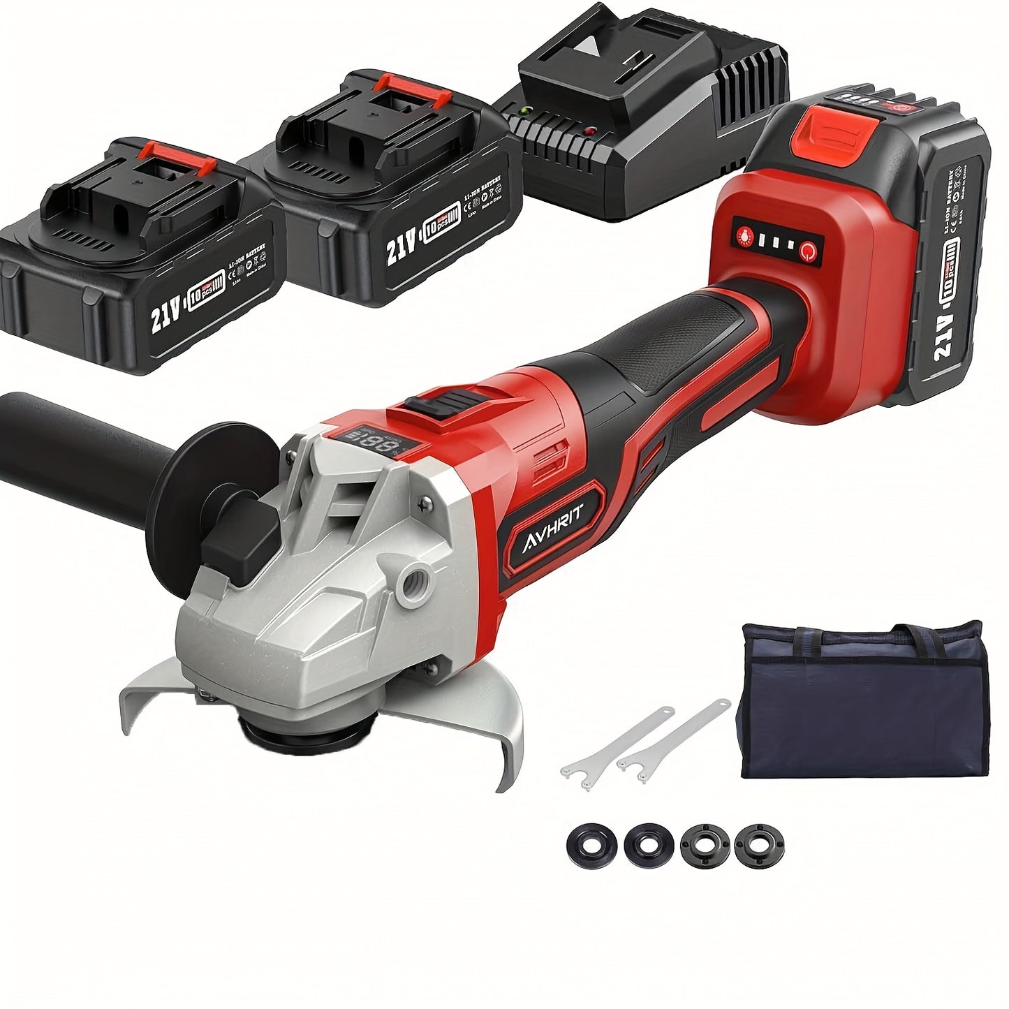 Draadloze Haakse Slijper – Accu Slijper – Cordless Grinder – Metalen Slijper – Polijstmachine – 21V Brushless Motor – 2x 4.0Ah Accu’s Rood
