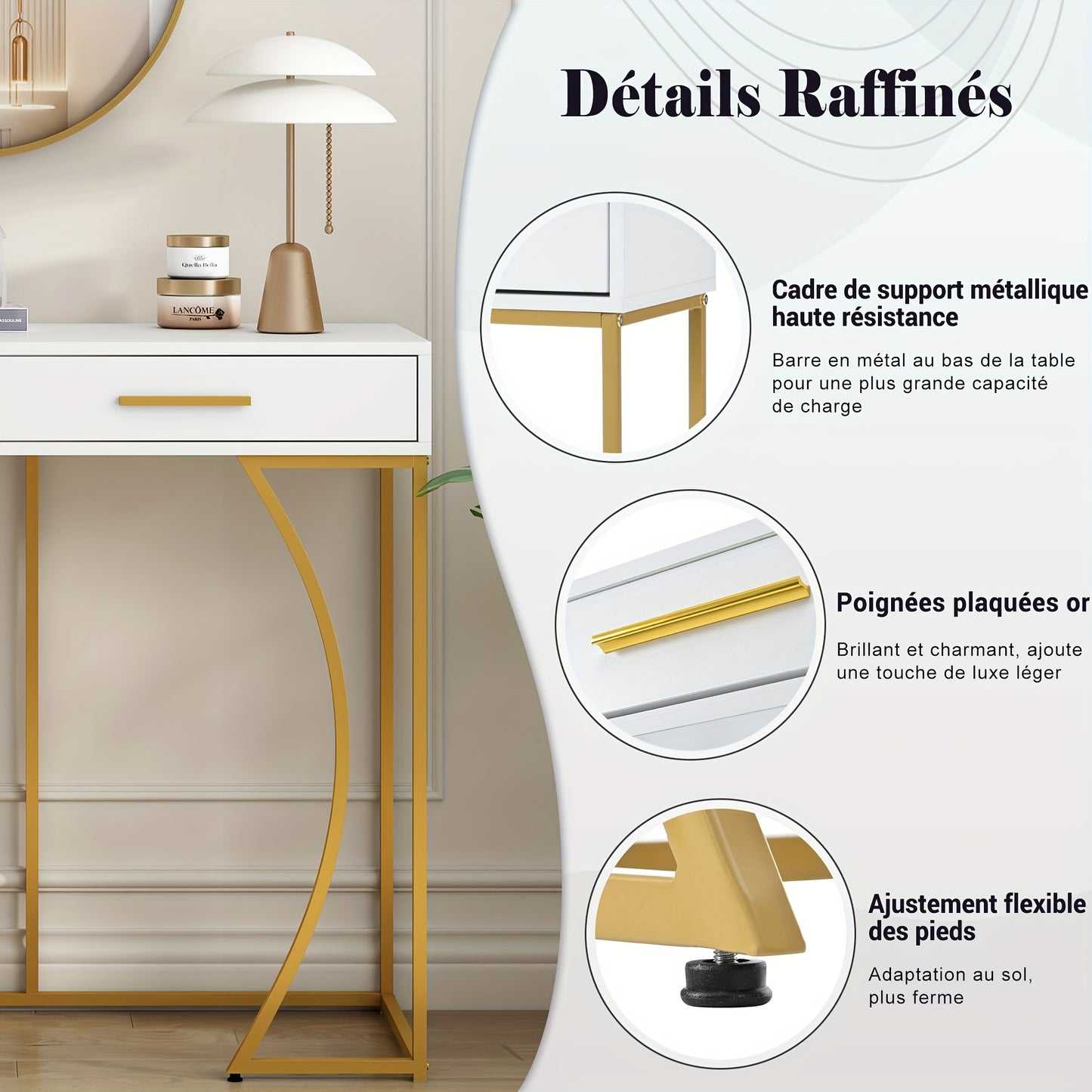 Sidetable – Consoletafel – Wandtafel – Haltafel – Bijzettafel – Modern – Met 2 Laden – Metaal Frame – Wit Met Gouden Poten – Compact 120x38x76 cm