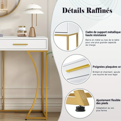 Sidetable – Consoletafel – Wandtafel – Haltafel – Bijzettafel – Modern – Met 2 Laden – Metaal Frame – Wit Met Gouden Poten – Compact 120x38x76 cm