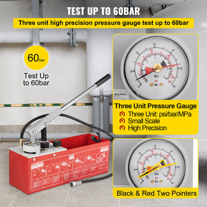 Druktestpomp – Hydrostatische Testpomp – Handpomp – Waterdruktester – Drukmeter – 60 Bar Max Testdruk – 12 Liter Waterreservoir