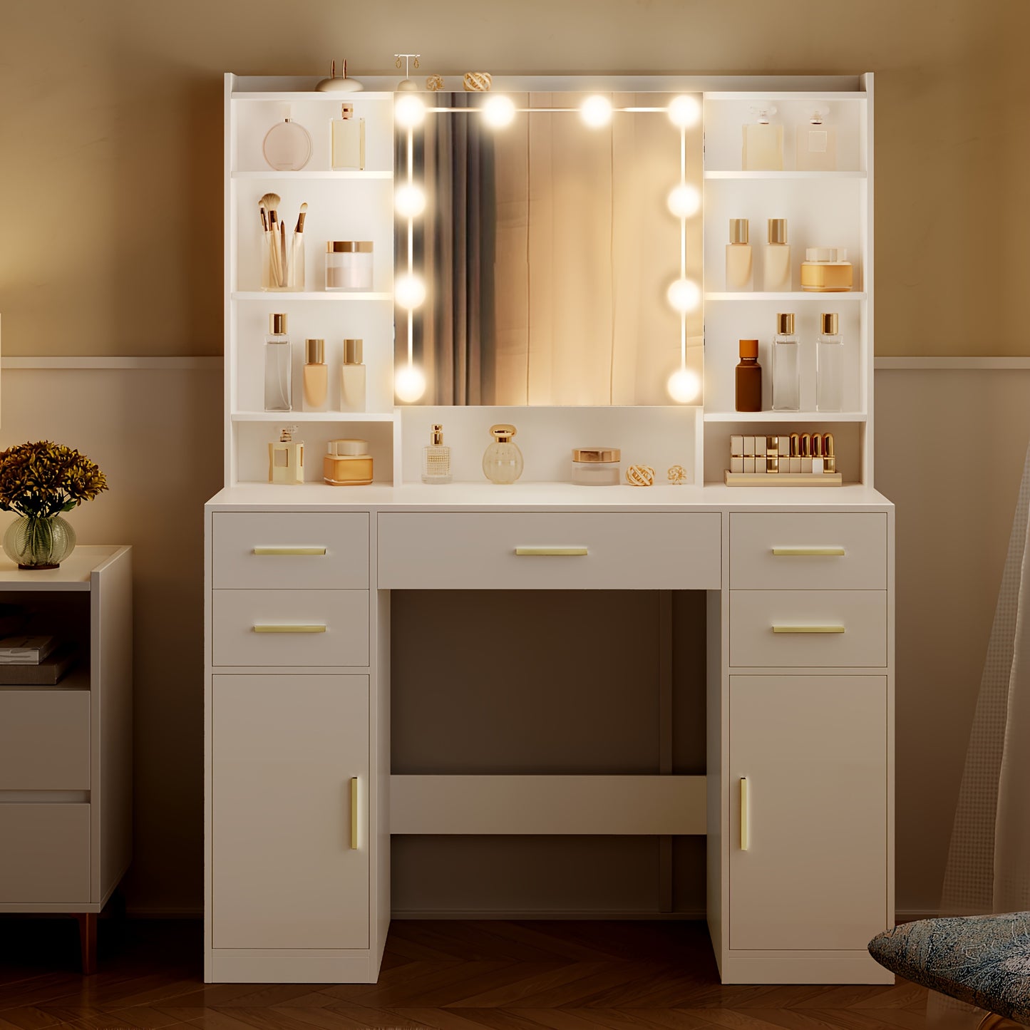 Kaptafel met Spiegel – Make-uptafel – Toilettafel – Dressoir – Schoonheidstafel – Wit – 5 Lades & 9 Open Vakken – Verborgen Opbergruimte – Modern Minimalistisch Design