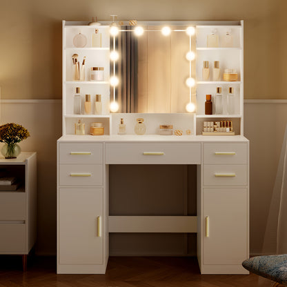 Kaptafel met Spiegel – Make-uptafel – Toilettafel – Dressoir – Schoonheidstafel – Wit – 5 Lades & 9 Open Vakken – Verborgen Opbergruimte – Modern Minimalistisch Design
