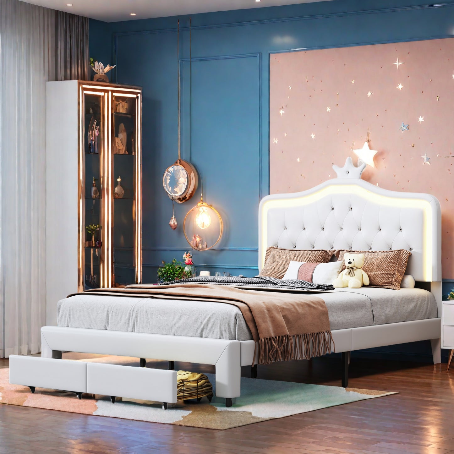 Eenpersoonsbed – Bed – Eenpersoonsbedframe – Slaapbed – Led-bed – Wit – 90x200 cm – Verstelbare LED-verlichting – Opberglades met lattenbodem