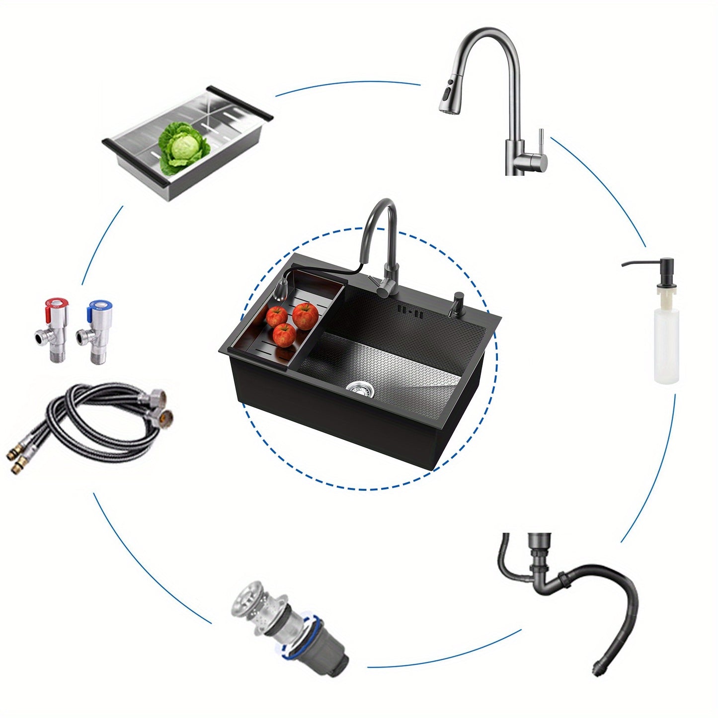 Stainless Steel Handmade Sink with Single Slot, Black Honeycomb Embossed Sink, Countertop Sink with Pull-Out Faucet, Soap Dispenser, Drain Basket, And Drainage Kit 80X50Cm