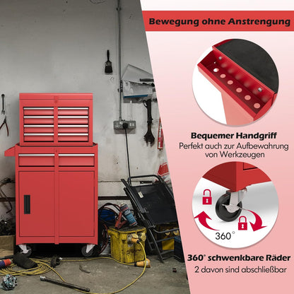 Werkplaatswagen – Gereedschapswagen – Opbergwagen – Toolcart – Werkplaatskast – 2-in-1 Afneembare Bovenkast – Verstelbare Schappen – Metalen Constructie – 100 kg Belastbaar – Mobiel Met 4 Zwenkwielen – Rood – 59x28x102 cm