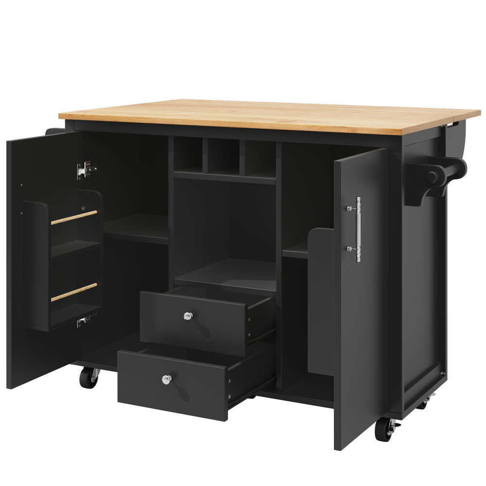 Keukeneiland – Keukentrolley – Keukenkast – Buffetkast – Serveerwagen – 120x92 cm – Zwart – Hout en Staal – Verstelbare Planken en Kruidenrek