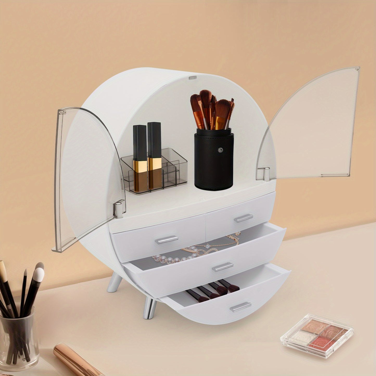 Cosmetica Organizer – Make-up Opberger – Beauty Organizer – Make-uptafel Organizer – Verzorgingsproducten Opbergdoos – 4 Lagen Met Lades – Duurzaam HIPS Materiaal – Modern Grijs-Wit Design