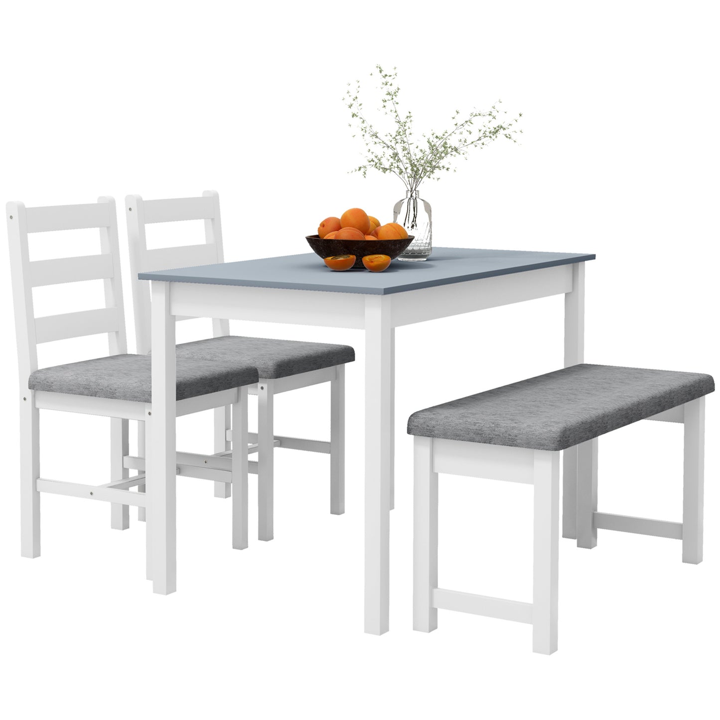 Eetkamer Set – Eettafel Set – Tafel Met Stoelen – Bankje – 4-Delige Set – Massief Grenenhout – Ademend Linnenlook Bekleding – Modern Ruimtebesparend Design – Grijs Wit