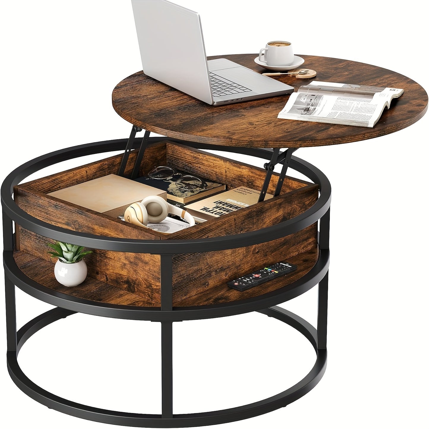 Ronde Salontafel – Koffietafel – Bijzettafel – Woonkamertafel – Opbergtafel – Met Verborgen Opbergruimte – Lift-Top Design – Geperst Hout Met Metaal
