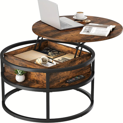 Ronde Salontafel – Koffietafel – Bijzettafel – Woonkamertafel – Opbergtafel – Met Verborgen Opbergruimte – Lift-Top Design – Geperst Hout Met Metaal