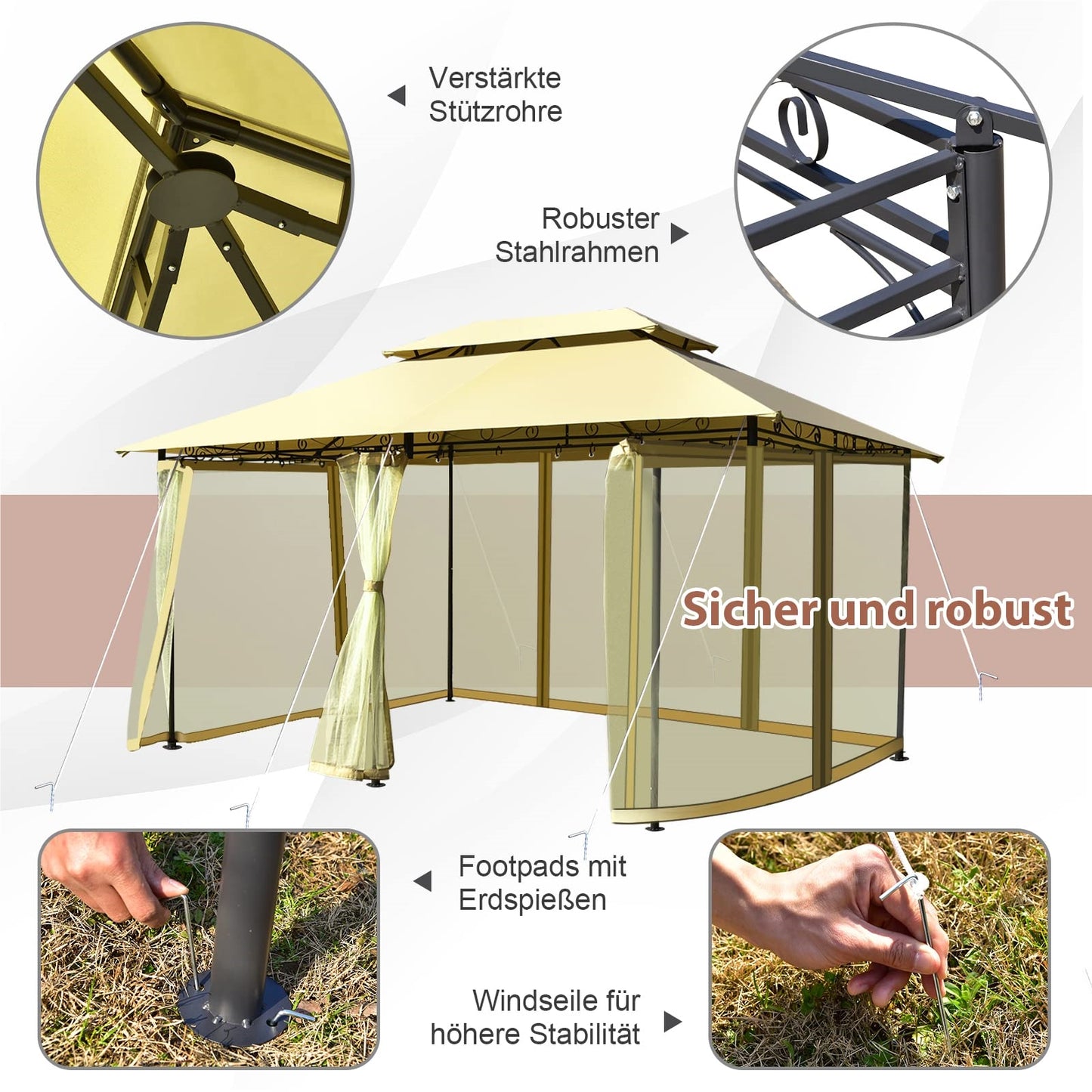 Metalen Tuinpaviljoen – Partytent – Tuintent – Serre – Overkapping – 3x4m – Afneembare Zijwanden – Stevig Stalen Frame – Weerbestendig Polyester – Beige