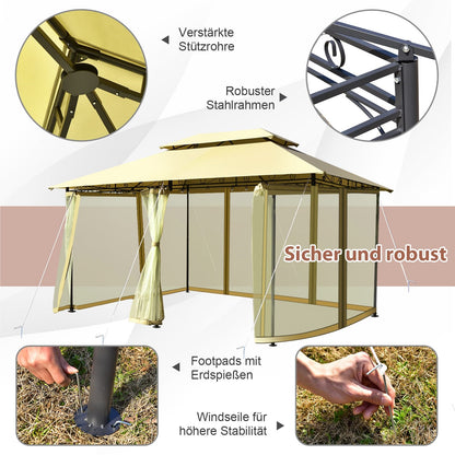 Metalen Tuinpaviljoen – Partytent – Tuintent – Serre – Overkapping – 3x4m – Afneembare Zijwanden – Stevig Stalen Frame – Weerbestendig Polyester – Beige