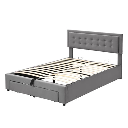 Padded Bed 140190 with Slatted Box Spring And Headboard Storage Bed Hydraulic Padded Double Bed with 2 Drawers Support for Gray Velvet Wood