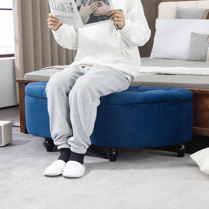 Opbergpoef – Opbergkoffer – Zithocker – Opbergbank – Blauw Fluweel – Klassiek Design – Stevig Houten Frame – Comfortabele Foam Zitting