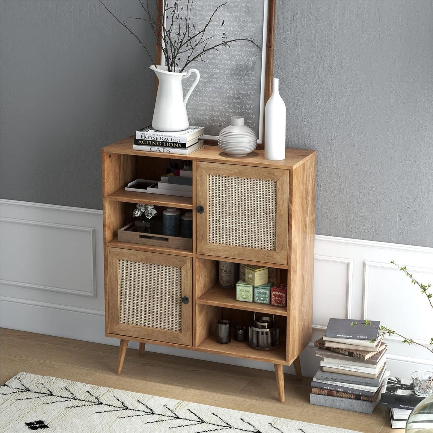 Dressoir – Sideboard – Opbergkast – Ladekast – Buffetkast – Houtenkleurig met Rattan Deuren – 80x29,5x97 cm – Stevige Constructie met Anti-Kantelbeugels