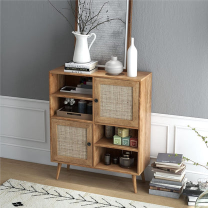 Dressoir – Sideboard – Opbergkast – Ladekast – Buffetkast – Houtenkleurig met Rattan Deuren – 80x29,5x97 cm – Stevige Constructie met Anti-Kantelbeugels