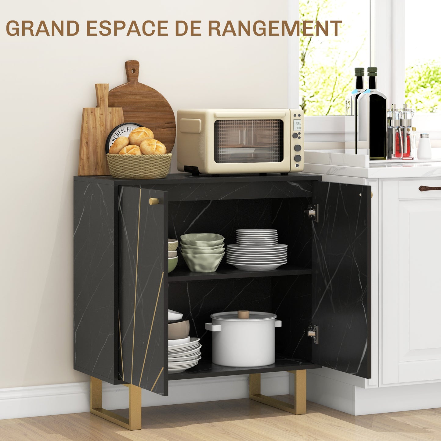 Homcom Living Room Storage Cabinet with 1 Drawer, 2 Doors, Adjustable Shelf, and Metal Legs - 76L x 35W x 77H cm, Black Marble Finish