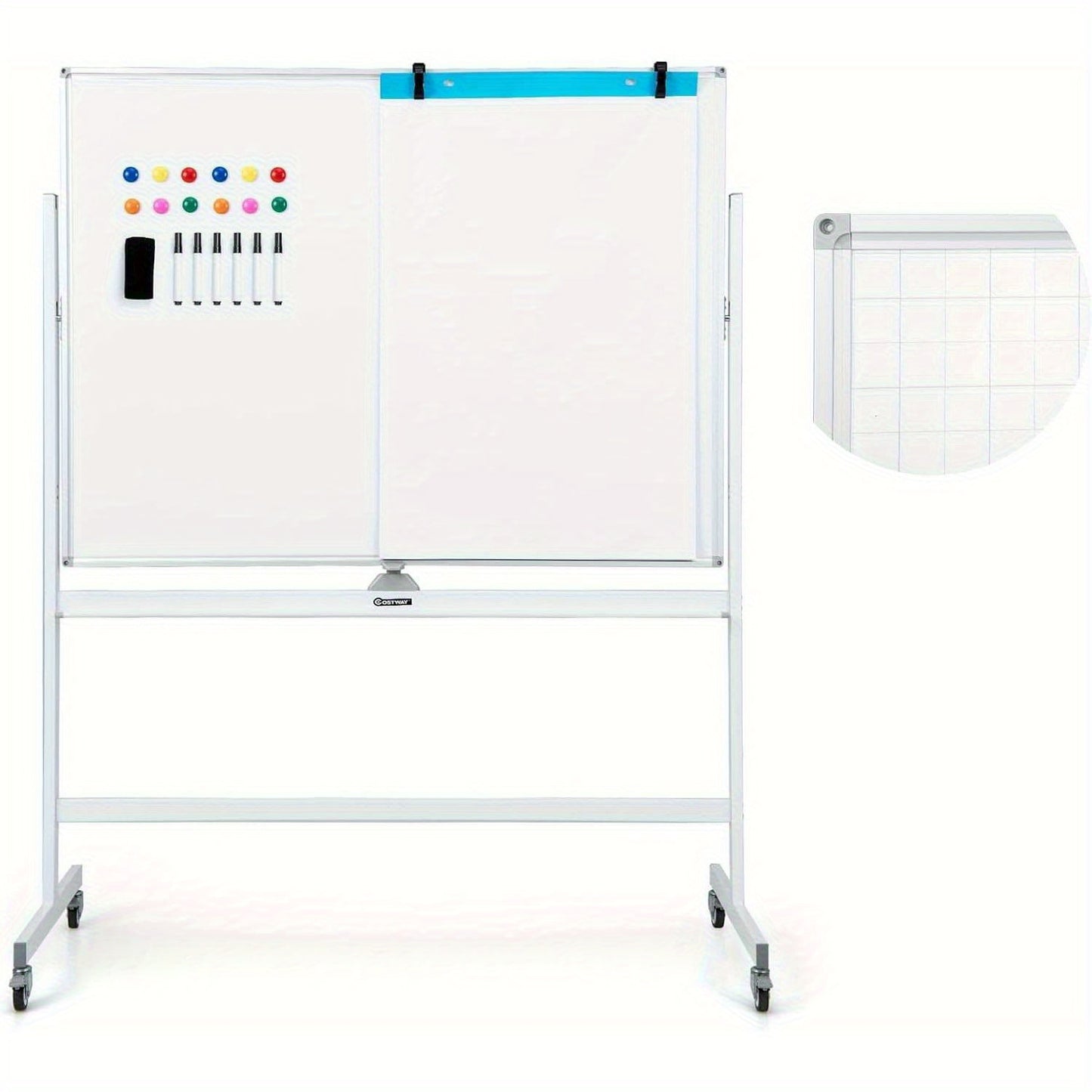 Whiteboard – Schoolbord – Schrijfplank – Magnetisch Bord – Droog Uitwisbaar – Dubbelzijdig Schrijfoppervlak – Mobiel Met Wieltjes – 120 x 90 cm – Inclusief Pentray En Accessoires