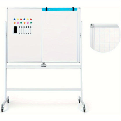 Whiteboard – Schoolbord – Schrijfplank – Magnetisch Bord – Droog Uitwisbaar – Dubbelzijdig Schrijfoppervlak – Mobiel Met Wieltjes – 120 x 90 cm – Inclusief Pentray En Accessoires