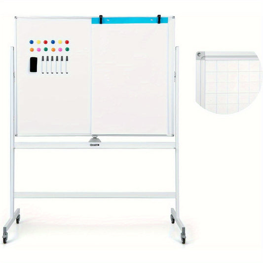 Whiteboard – Schoolbord – Schrijfplank – Magnetisch Bord – Droog Uitwisbaar – Dubbelzijdig Schrijfoppervlak – Mobiel Met Wieltjes – 120 x 90 cm – Inclusief Pentray En Accessoires