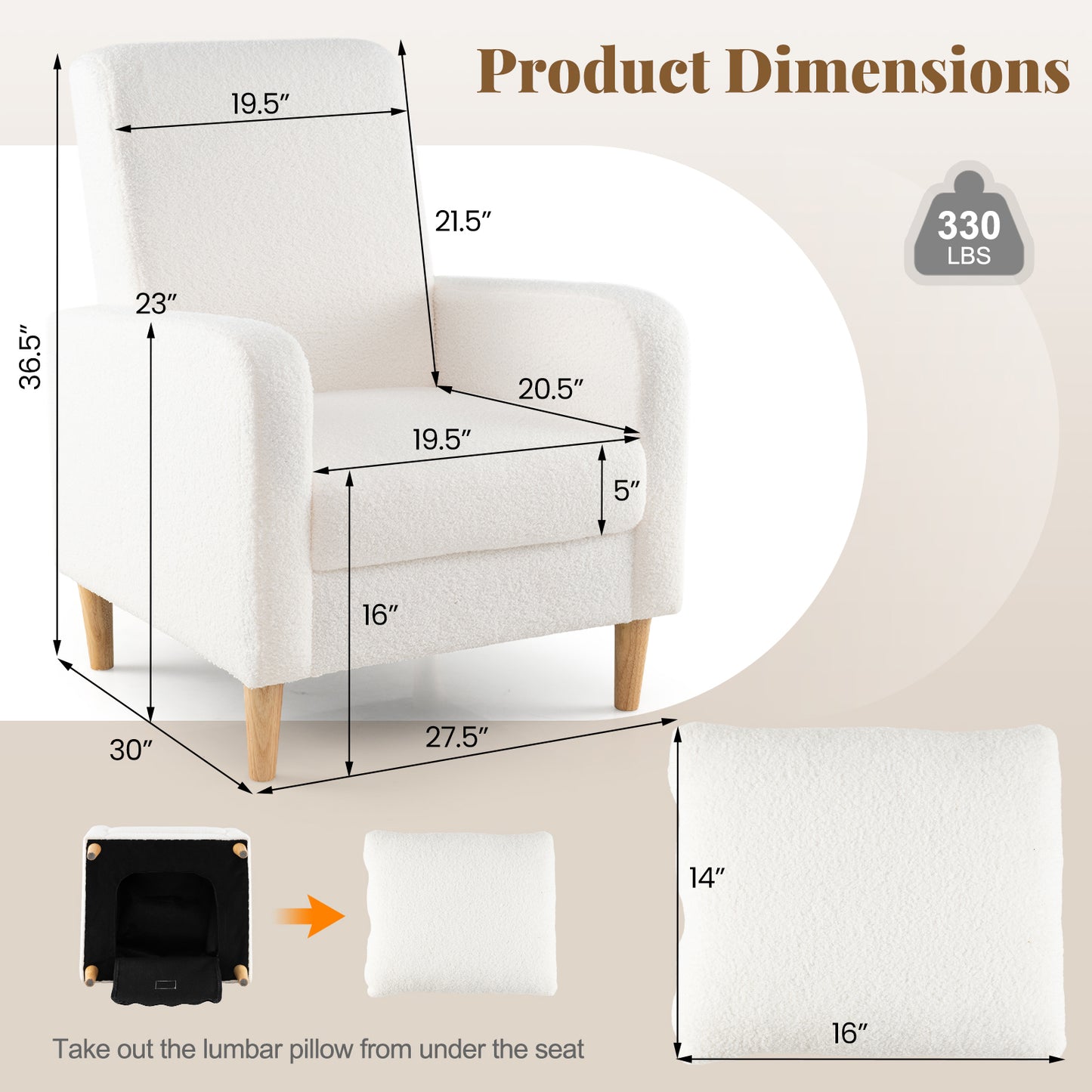 Fauteuil – Zithoekstoel – Lounge Stoel – Bijzetstoel – Leesstoel – Teddy Fleece Bekleding – Rubberhouten Poten – Incl. Lendenkussen – Modern Design – Wit