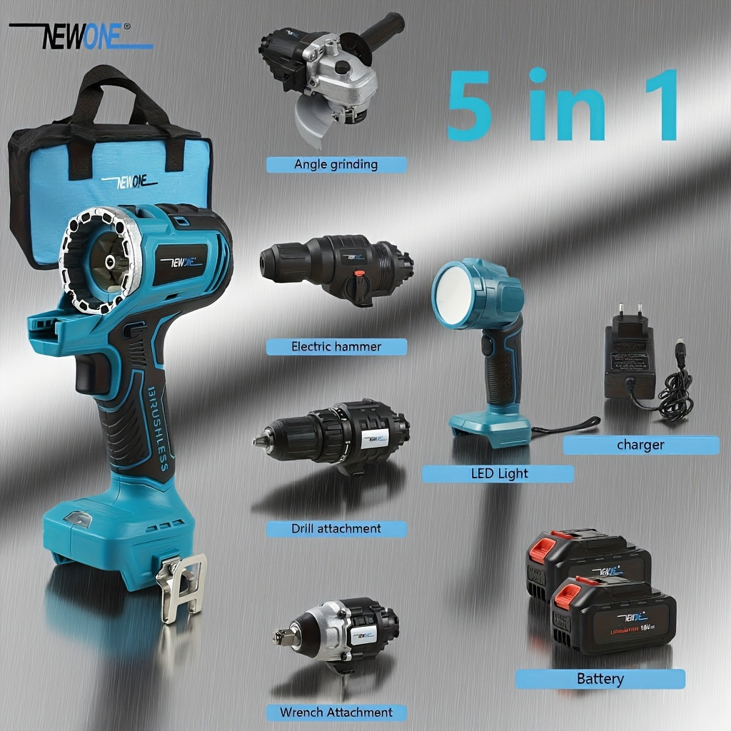 5-in-1 Elektrische Combinatieset – Multigereedschap – Accuboormachine – Slijpmachine – Elektrische Hamer – Moersleutel – Draadloos – 4000mAh Lithiumbatterij