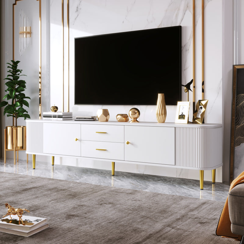 TV-meubel – TV-kast – Media meubels – Meubel voor televisie – Tv-standaard – Wit met gouden accenten – Afgeronde hoeken en golvende zijkanten – Ruime opbergruimte en compact design