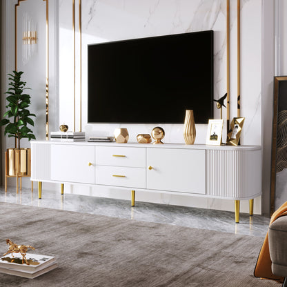 TV-meubel – TV-kast – Media meubels – Meubel voor televisie – Tv-standaard – Wit met gouden accenten – Afgeronde hoeken en golvende zijkanten – Ruime opbergruimte en compact design