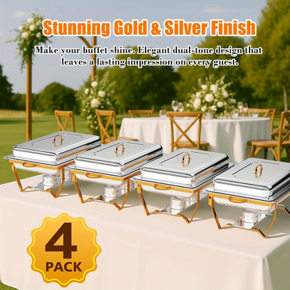 Golden Chafing Dish Buffet Set, 8QT High Grade Chafing Dishes for Buffet, Chafers and Buffet Warmers Sets for Wedding, Rolled-Edge Design, Only For Cooking