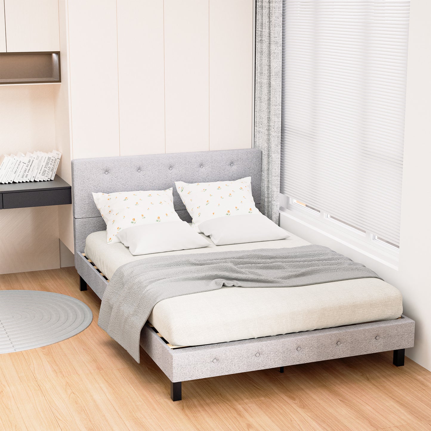 Bedframe – Bedombouw – Boxspring – Ledikant – Slaapbank – 140 x 200 cm – Stoffen Hoofdbord – Stevige Houten Lattenbodem – Lichtgrijs