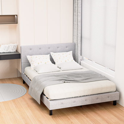 Bedframe – Bedombouw – Boxspring – Ledikant – Slaapbank – 140 x 200 cm – Stoffen Hoofdbord – Stevige Houten Lattenbodem – Lichtgrijs