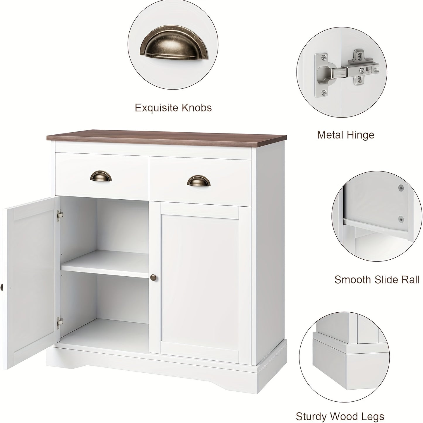 Dressoir – Keukenkast – Ladekast – Buffetkast – Opbergkast – Wit MDF – 80x40x90 cm – 2 Deuren en 2 Laden – Verstelbare Plank