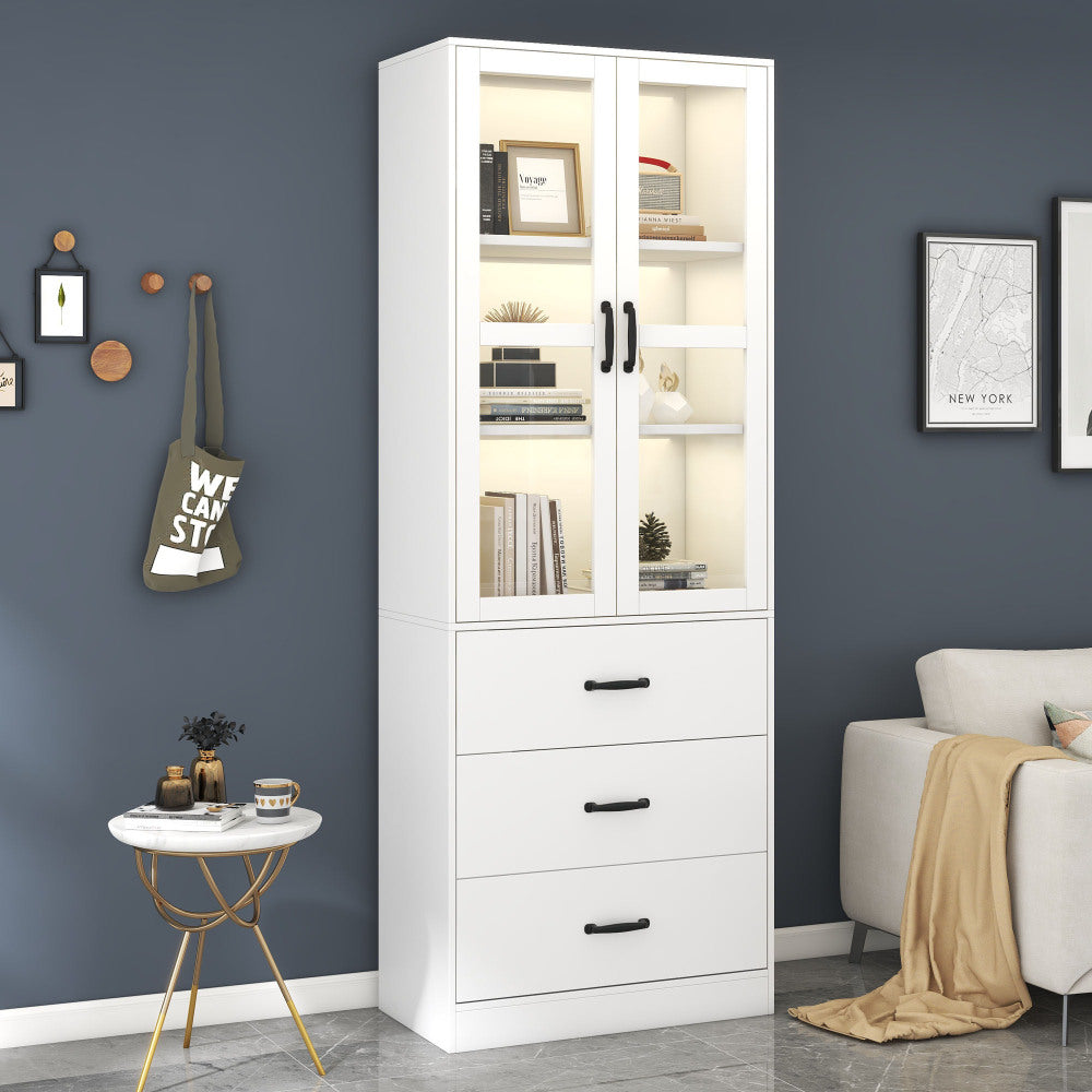 Vitrinekast – Glazen Kast – Opbergkast – Wandvitrine – Standkast – Wit – 200 cm Hoog – 3 Lades & Verstelbare Planken
