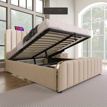 Upholstery Tweepersoonsbed – Bedframe – Slaapbank – Opbergbed – Hydraulisch Bed – 160x200 cm – Beige Linnen – Gouden Rand Hoofdeinde