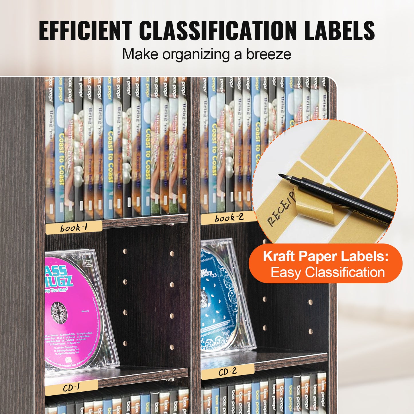 Dvd Kast – Cd Kast – Mediakast – Opbergkast – Boekenkast – 8 Verstelbare Planken – Ruimte voor 464 cd’s – Donker Koffiekleur – Stevig Houtvezelplaat