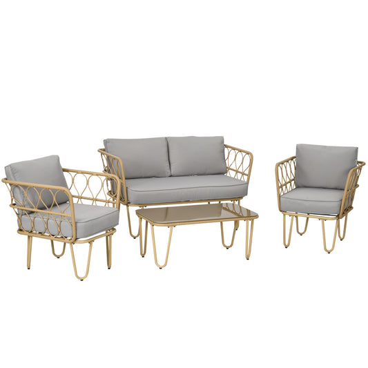 Tuinmeubelset – Tuinbank – Loungeset – Buitenmeubilair – Tuinset 4 Personen – Weerbestendig Metaal – Tempered Glass Tafelblad