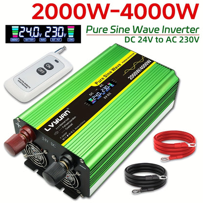 Zuivere Sinusgolf Omvormer – Stroomomzetter – DC-AC Converter – Spanningsomzetter – 24V Omvormer – 2000W Continu Vermogen – Draadloze Afstandsbediening & LCD Display