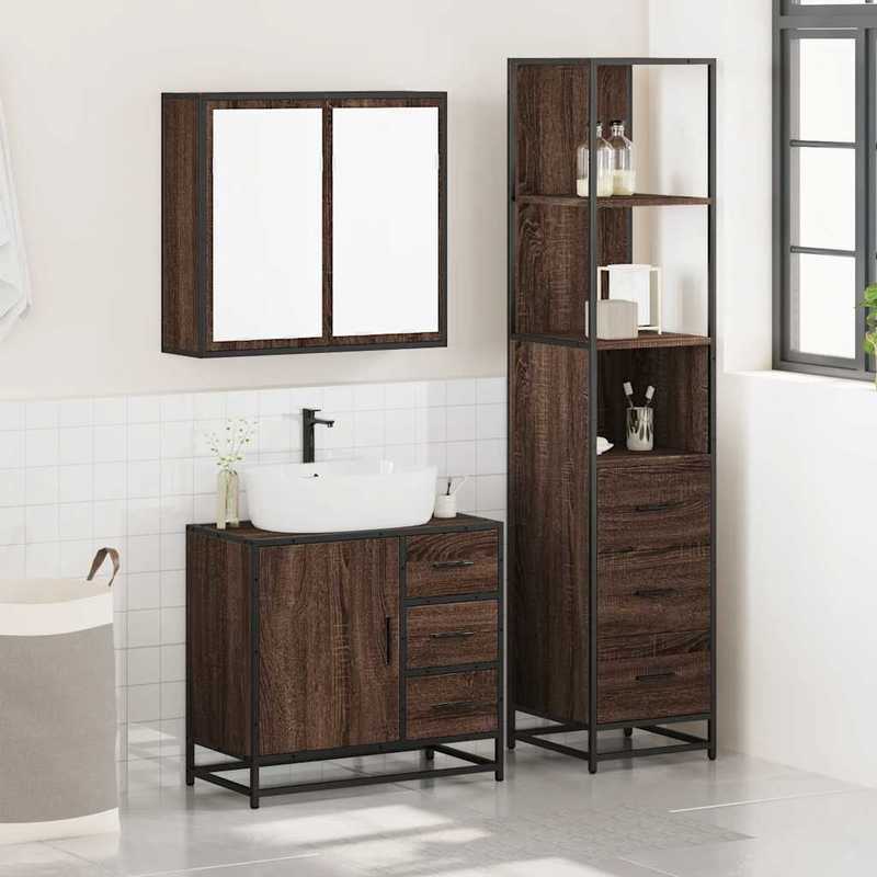 Badkamermeubel – Badmeubelset – Wastafelmeubel – Badkamerkast – Onderbouwkast – 3-delig – Bruine Eikenlook – Duurzaam Hardhout – Zonder Elektriciteit