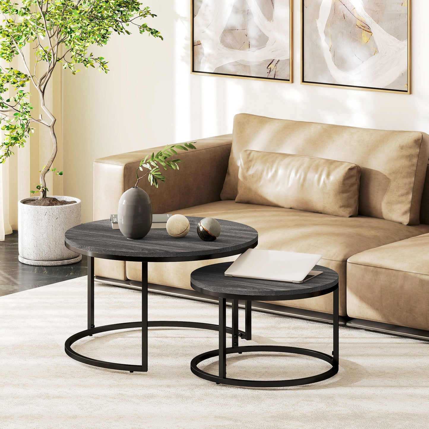 Salontafel – Koffietafel – Bijzettafel – Sofa Tafel – Woonkamertafel – Zwart Metalen Frame – Stapelbaar Design