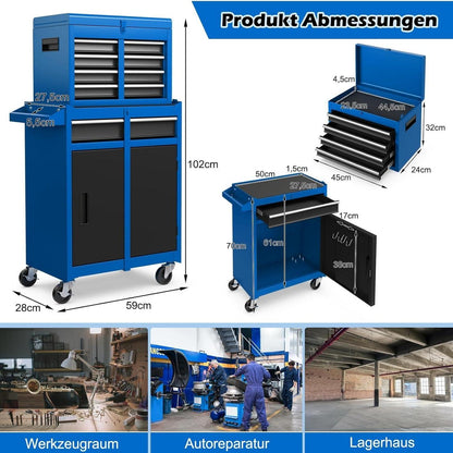 Werkplaatswagen – Gereedschapswagen – Gereedschapskast – Werkbank – Toolcart – 2-in-1 Afneembaar Ontwerp – 100 Kg Draagvermogen – Blauw – Verstelbare Plank – Vergrendelbaar