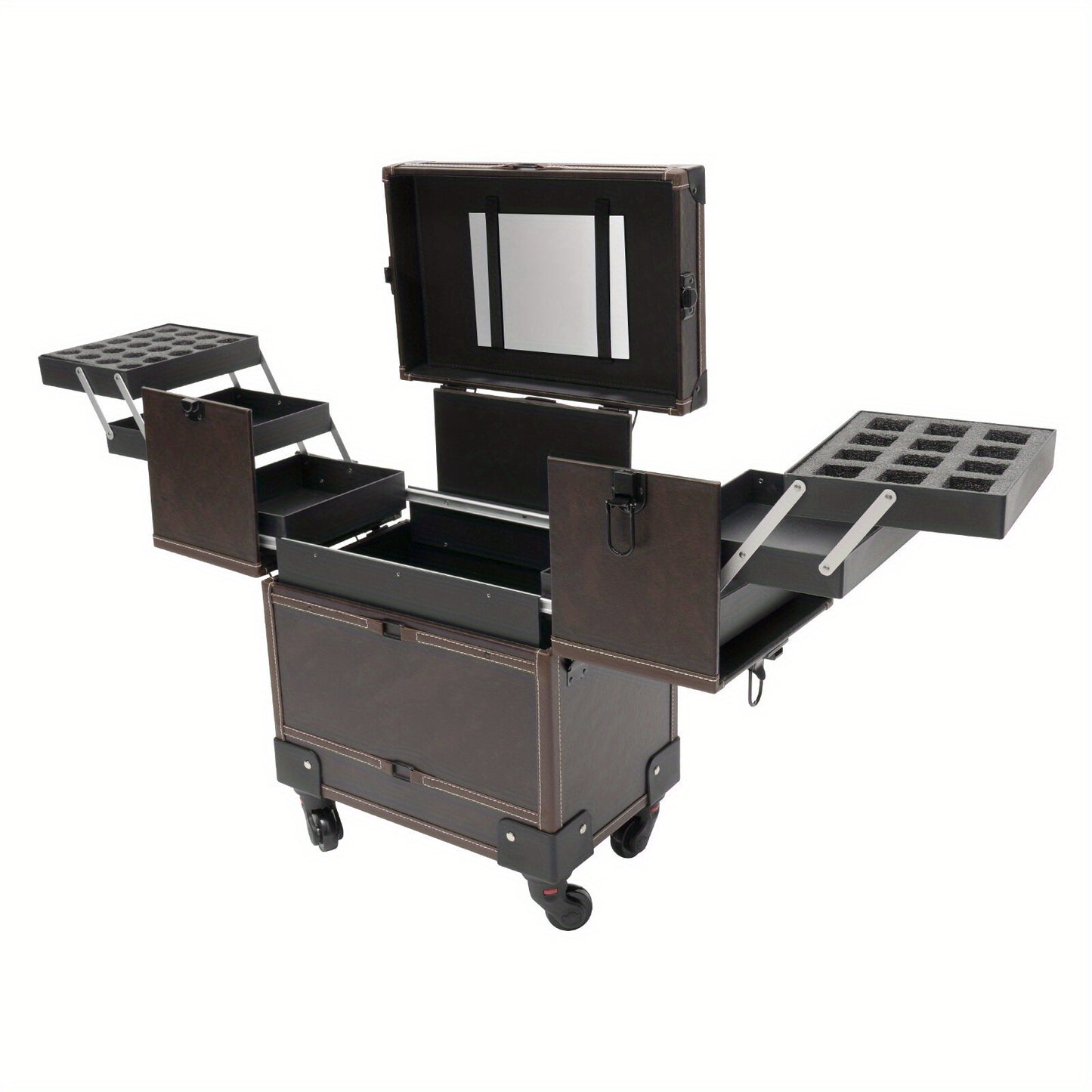 Make-up trolley – Make-up koffer – Beauty trolley – Rolling case – Cosmetica organizer – Koffiebruin – Duurzaam PU materiaal – 6 uitschuifbare trays