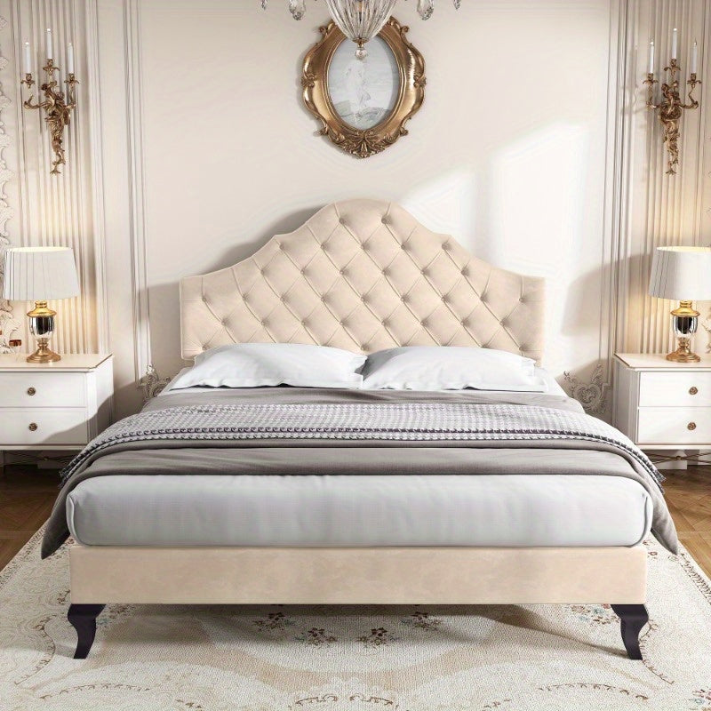 Gestoffeerd Bedframe – Bedombouw – Bedframe – Slaapbed – Bed – 140x190 cm – Verstelbare Hoofdsteun – Houten Lattenbodem – Beige Velours