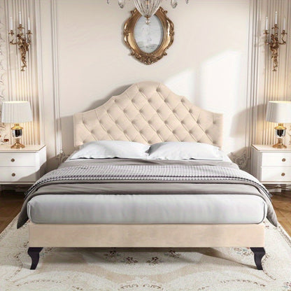 Gestoffeerd Bedframe – Bedombouw – Bedframe – Slaapbed – Bed – 140x190 cm – Verstelbare Hoofdsteun – Houten Lattenbodem – Beige Velours