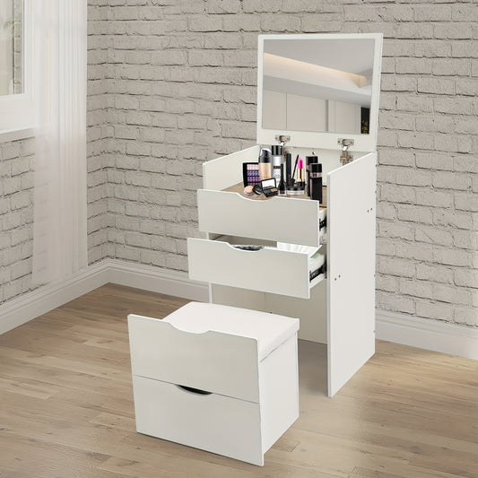 Kaptafel – Make-up Tafel – Cosmeticatafel – Opmaaktafel – Vanity Set – Kantelbare Spiegel – Verborgen Krukje – 3 Lades – MDF – Compact Design – Wit
