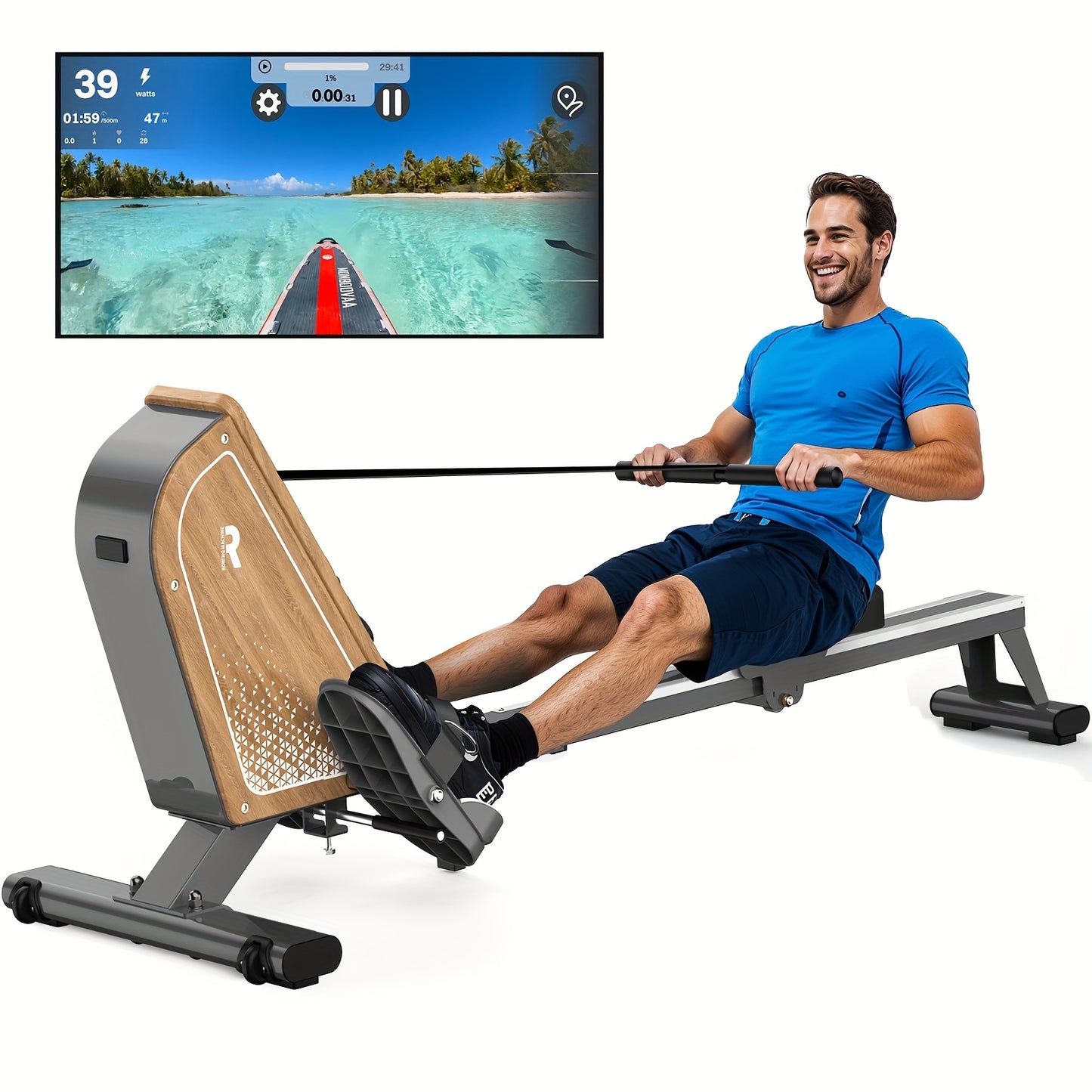 Roeitrainer – Roeimachine – Fitnessapparaat – Thuisgym – Compacte Roeimachine – Magnetische Weerstand 16 Niveaus – Draadloze Monitor – Grijs