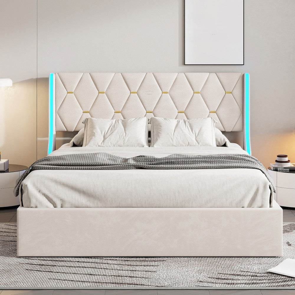 Opbergbed Tweepersoons – Stalen Bedframe – Fluwelen Bed – Opbergkast Bed – Led Verlichting Bed – 140x190 cm – USB Oplaadpoorten – Gasdrukveer Opbergruimte